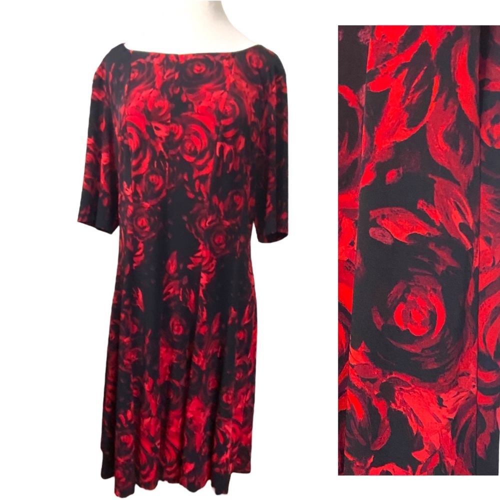 Beautiful and flowing Connected apparel Black and red roses stretchy dress.